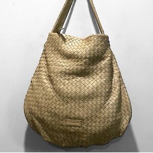 Christopher Kon Woven Leather Hobo Slouch Cream Tan Shoulder Bag